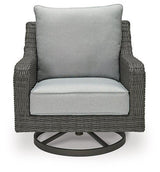 Outdoor swivel lounge chair with cushion from Ashley Furniture, featuring a stylish design for outdoor relaxation.