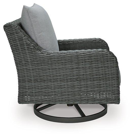 Outdoor swivel lounge chair with cushion from Ashley Furniture's Elite Park collection, featuring a stylish metal frame and comfortable seating.