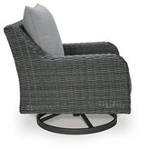 Outdoor swivel lounge chair with cushion from Ashley Furniture's Elite Park collection, featuring a stylish metal frame and comfortable seating.