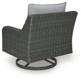 Outdoor swivel lounge chair with cushion by Ashley Furniture, featuring a modern design and comfortable seating for outdoor relaxation.