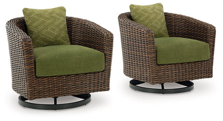 Ashley Furniture Horizon Hall outdoor swivel lounge chair with cushion, featuring a modern design and comfortable seating.