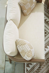 Ashley Furniture Serene Bay outdoor loveseat with cushions, featuring a stylish design and comfortable seating for outdoor spaces.