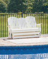 Ashley Furniture Hyland Wave outdoor glider loveseat with cushioned seating and weather-resistant frame for comfortable outdoor relaxation.