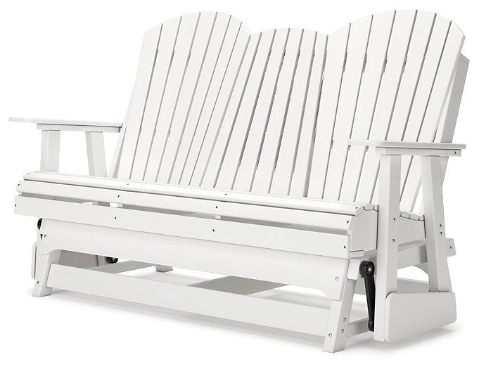 Ashley Furniture Hyland Wave outdoor glider loveseat with cushioned seating and wooden frame, perfect for outdoor relaxation.