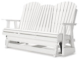Ashley Furniture Hyland Wave outdoor glider loveseat with cushioned seating and wooden frame, perfect for outdoor relaxation.