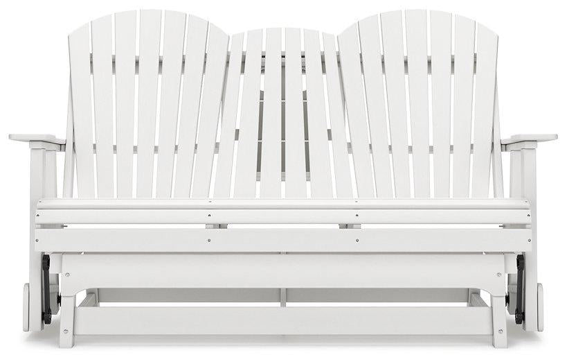 Ashley Furniture Hyland Wave outdoor loveseat glider with cushioned seating and armrests, perfect for patio relaxation.