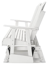 Outdoor loveseat by Ashley Furniture, part of the Hyland wave collection, featuring a cushioned outdoor glider loveseat with metal frame.