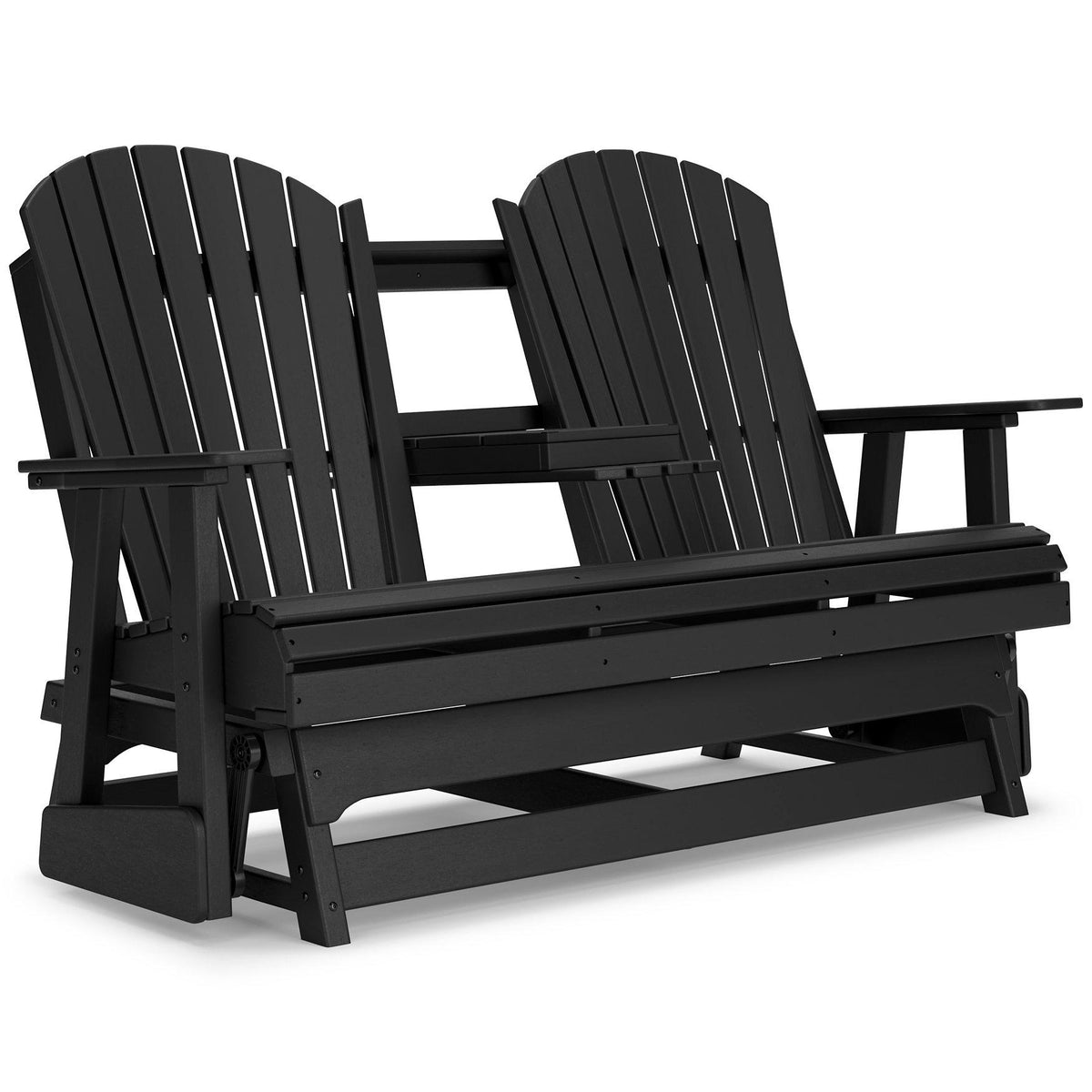 Ashley Furniture outdoor glider loveseat from the Hyland Wave series, featuring comfortable seating with a weather-resistant design.