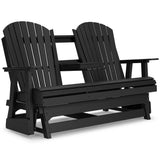 Ashley Furniture outdoor glider loveseat from the Hyland Wave series, featuring comfortable seating with a weather-resistant design.