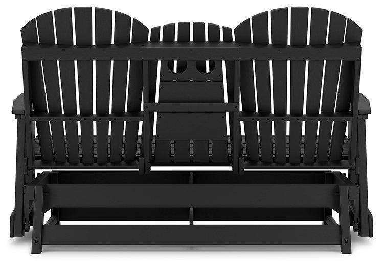 Ashley Furniture Hyland Wave outdoor glider loveseat with cushioned seats and backrest, perfect for outdoor relaxation.