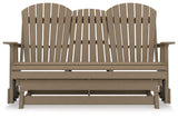 Ashley Furniture Hyland Wave outdoor glider loveseat with cushioned seating and a metal frame, perfect for patio relaxation.