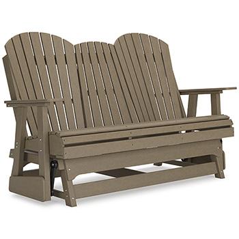 Ashley Furniture Hyland Wave outdoor loveseat glider with cushioned seating and a stylish, curved design for outdoor relaxation.