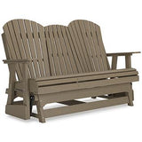 Ashley Furniture Hyland Wave outdoor loveseat glider with cushioned seating and a stylish, curved design for outdoor relaxation.