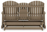 Ashley Furniture Hyland Wave outdoor glider loveseat with cushioned seating and wooden frame, perfect for outdoor relaxation.