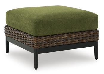 Outdoor Ashley Furniture Horizon Hall Ottoman with cushion, showing a sturdy wooden frame and plush fabric seat for outdoor relaxation.