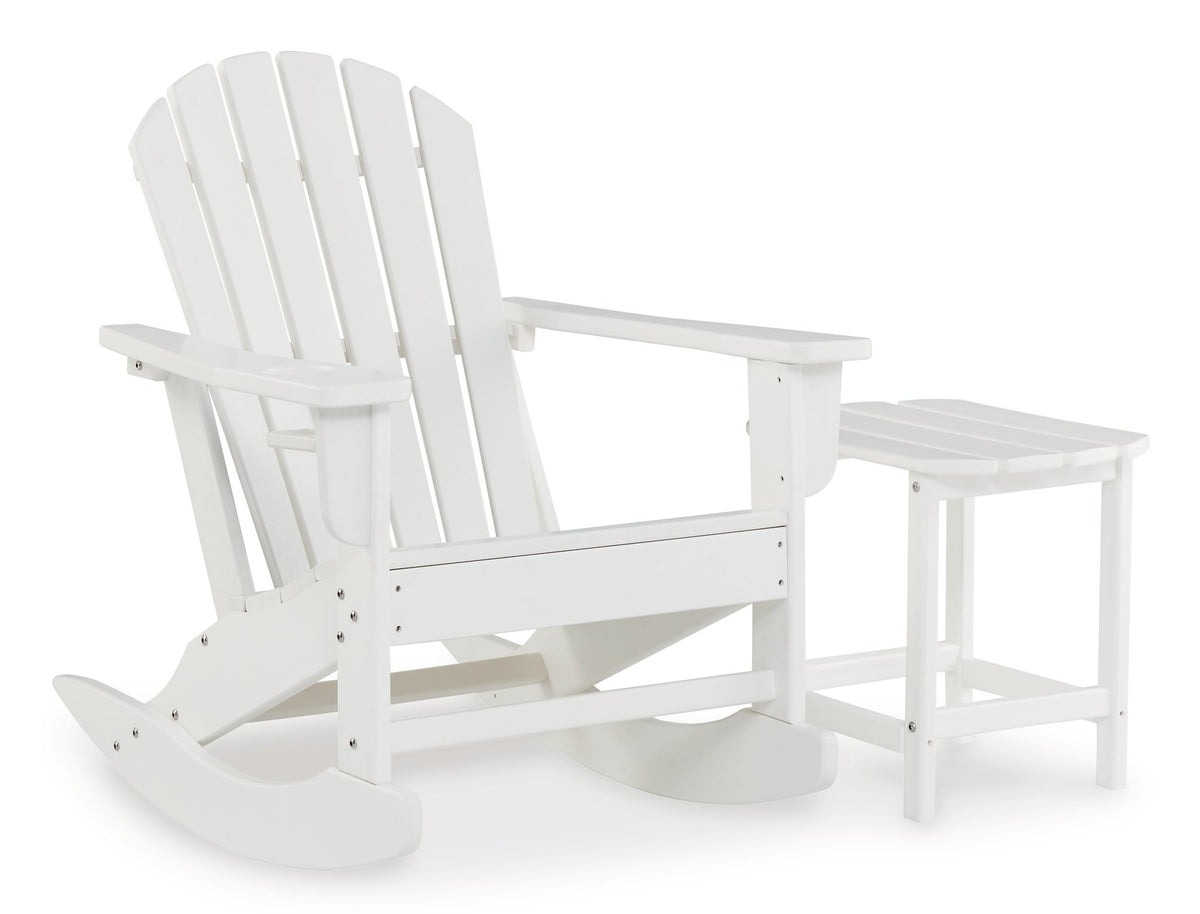 Ashley Furniture Sundown Treasure outdoor seating set with cushioned chairs and a matching table on a patio.