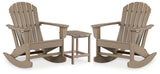 Outdoor seating set by Ashley Furniture with cushioned chairs and a matching table, perfect for outdoor lounging and entertaining.