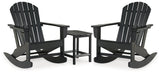 Outdoor seating set by Ashley Furniture featuring a cushioned sofa and armchairs with a glass-top coffee table, ideal for outdoor relaxation.
