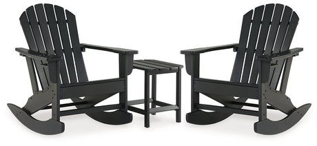 Outdoor seating set by Ashley Furniture featuring a cushioned sofa and armchairs with a glass-top coffee table, ideal for outdoor relaxation.