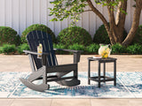 Ashley Furniture Sundown Treasure outdoor seating set with cushioned chairs and a matching table on a patio.
