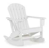 Outdoor seating set from Ashley Furniture featuring cushioned chairs and a matching table in a stylish garden setting.