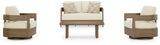 Outdoor seating set by Ashley Furniture featuring cushioned chairs and a matching table in a serene bay setting.
