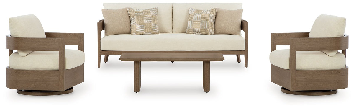 Outdoor seating set by Ashley Furniture with cushioned chairs and a matching table in a serene outdoor setting.
