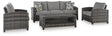 Outdoor seating set by Ashley Furniture with sofa, chairs, and table, featuring modern design for patio or garden use.
