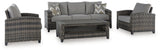 Outdoor seating set by Ashley Furniture with sofa, chairs, and table, featuring modern design for patio or garden use.