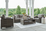 Outdoor Oasis Court furniture set by Ashley Furniture with sofa, chairs, and table for stylish outdoor seating.