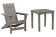 Outdoor Adirondack chair and end table set by Ashley Furniture, perfect for relaxing outdoor seating and casual gatherings.