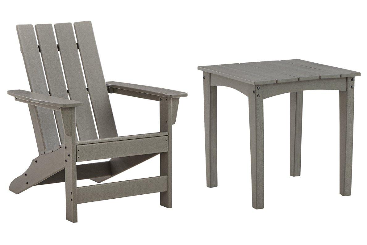 Outdoor Adirondack chair and end table set by Ashley Furniture, perfect for relaxing outdoor seating and casual gatherings.