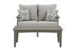 Outdoor Ashley Furniture Visola loveseat and coffee table set with cushioned seats and a wooden table, ideal for patio relaxation.