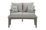 Outdoor Ashley Furniture Visola loveseat and coffee table set with cushioned seats and a wooden table, ideal for patio relaxation.
