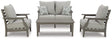 Ashley Visola outdoor loveseat conversation set with cushioned seats, featuring a stylish outdoor seating arrangement.