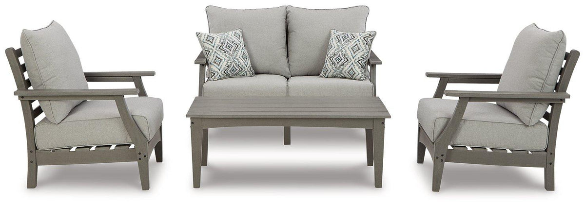 Ashley Visola outdoor loveseat conversation set with cushioned seats, featuring a stylish outdoor seating arrangement.