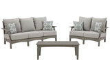 Ashley Furniture outdoor seating set featuring a sofa, loveseat, and coffee table with weather-resistant cushions and stylish design.