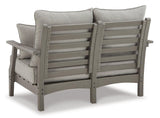 Ashley Furniture Visola outdoor seating set with sofa, loveseat, and coffee table, featuring weather-resistant cushions and stylish design.
