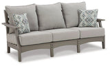 Ashley Furniture outdoor seating set with sofa, loveseat, and coffee table, stylish and comfortable for patio or garden use.