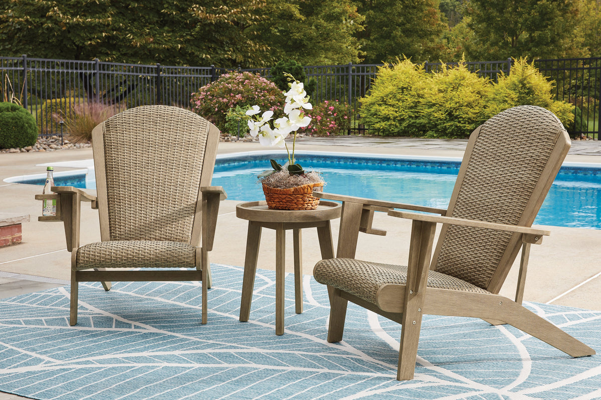 Ashley Furniture Marina Sun outdoor table set with a rectangular table and four matching chairs in a sunny patio setting.