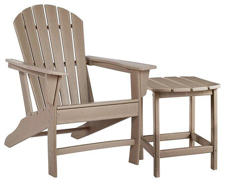 Outdoor table set by Ashley Furniture featuring a glass-top table and matching chairs in a sunny outdoor setting.