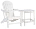 Outdoor table set from Ashley Furniture featuring a glass-top table and matching chairs in a sunny outdoor setting.