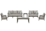 Ashley Furniture Visola outdoor sofa and loveseat set with matching outdoor table, designed for comfortable outdoor lounging.