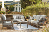 Ashley Furniture Visola outdoor sofa and loveseat set with matching table, featuring cushioned seating and stylish outdoor design.