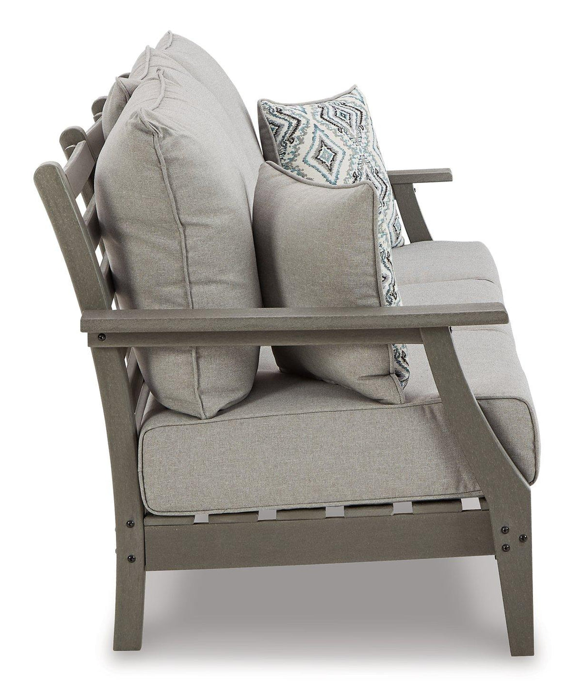 Ashley Furniture Visola outdoor sofa and loveseat set with a table, featuring cushioned seating and outdoor-ready design.