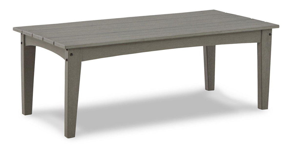 Ashley Furniture Visola outdoor sofa and loveseat set with table, featuring cushioned seats and a sturdy outdoor table.