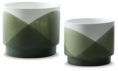 Set of two Ardenridge planters by Ashley Furniture, decorative ceramic containers with a textured finish for indoor or outdoor use.