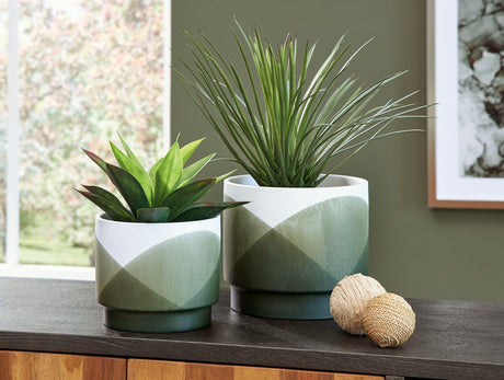 Set of two Ashley Furniture Ardenridge planters with decorative ceramic design and neutral finishes, ideal for indoor or outdoor plants.