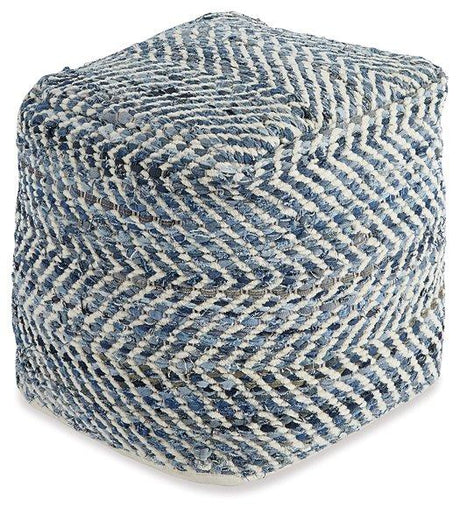 Chevron pouf by Ashley Furniture with colorful fabric and tufted design, perfect for living room or bedroom decor.