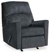 Ashley Furniture Altari recliner in beige fabric with plush cushioning and wooden legs, designed for comfortable relaxation.